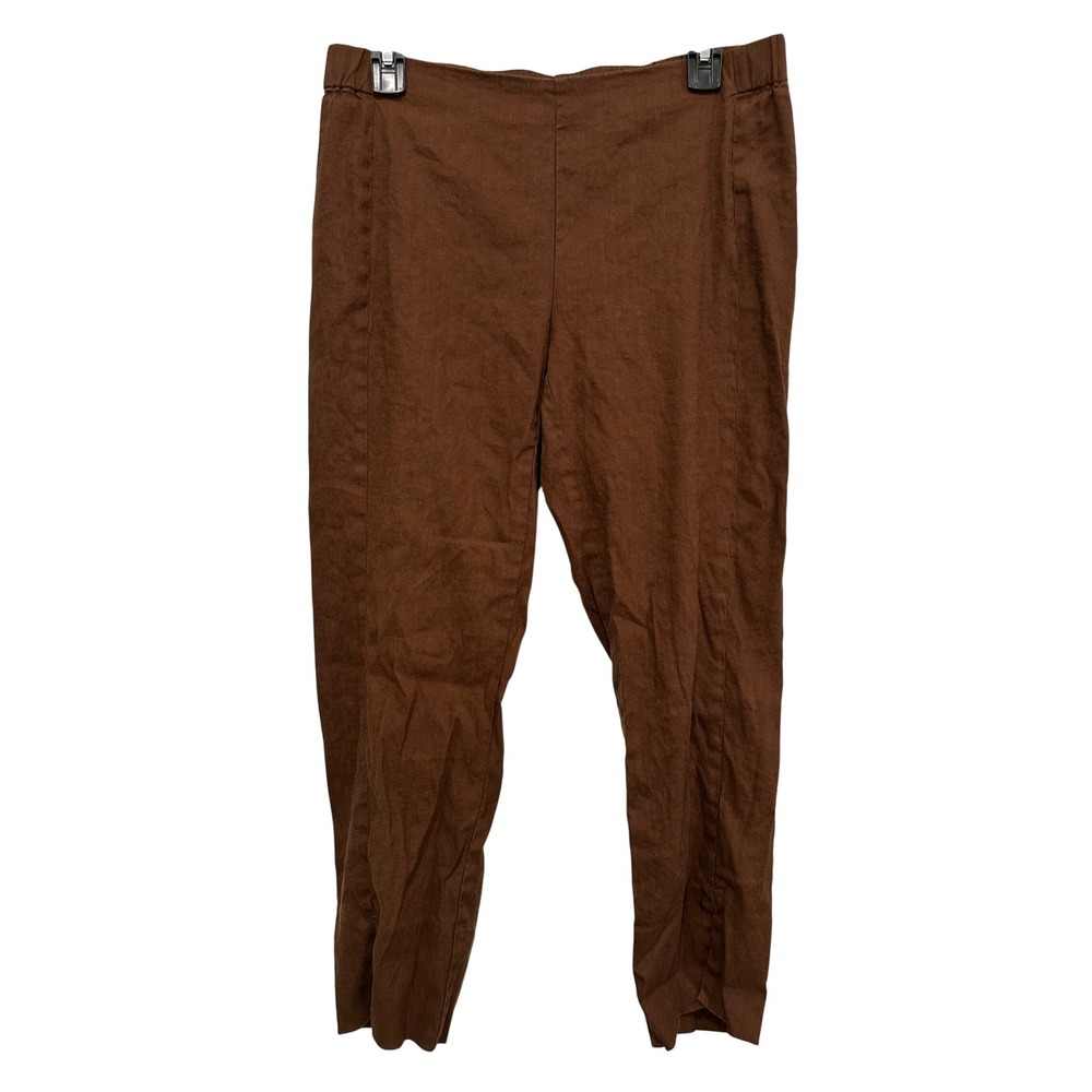 J. Jill Linen Blend Pull On Cropped Pants Brown Side Slit Stretch Trousers